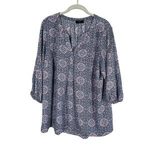 Retro Floral Tunic Top Blue 1X Boho Preppy Classic Chic Western Work Wear Artsy